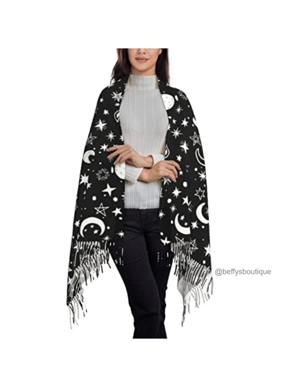 Moon Star Pattern Long Shawl Wrap Pashmina Scarf Tassels Soft Warm